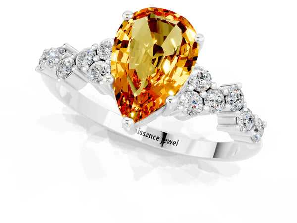 Platinum Pear Cut Citrine Scattered Round Accent Ring with Prong Setting