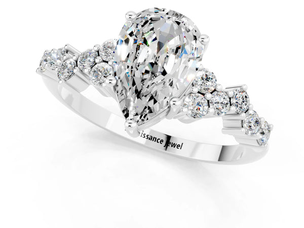 Silver Pear Cut Moissanite Scattered Round Accent Ring with Prong Setting