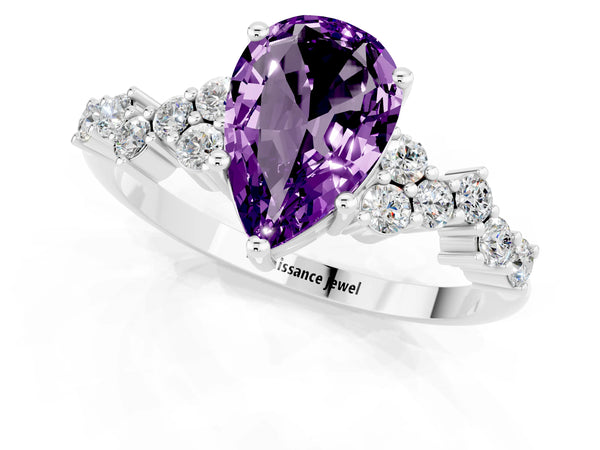 Silver Pear Cut Amethyst Scattered Round Accent Ring with Prong Setting