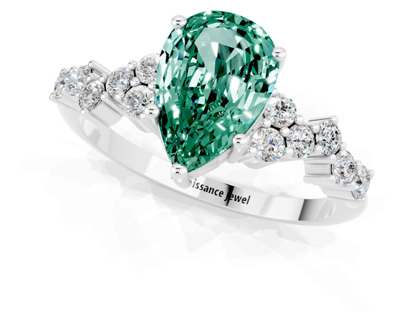 Platinum Pear Cut Green Sapphire Scattered Round Accent Ring with Prong Setting