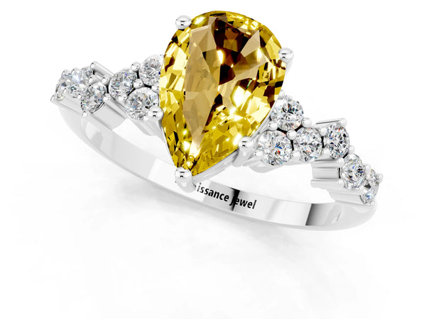 White gold Pear Cut Yellow Sapphire Scattered Round Accent Ring with Prong Setting