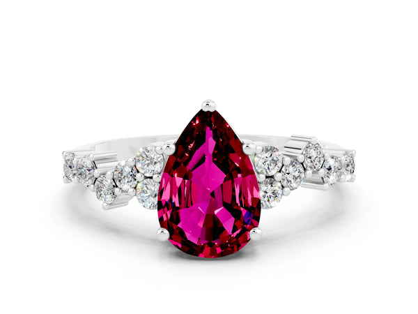 Silver Pear Cut Garnet Scattered Round Accent Ring with Prong Setting