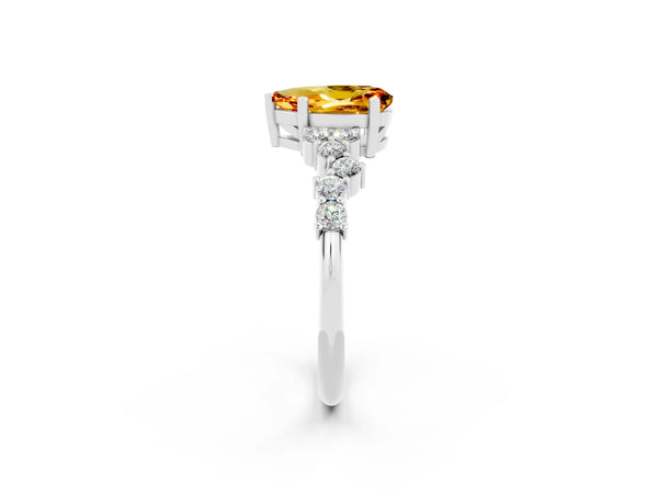 Platinum Pear Cut Citrine Scattered Round Accent Ring with Prong Setting