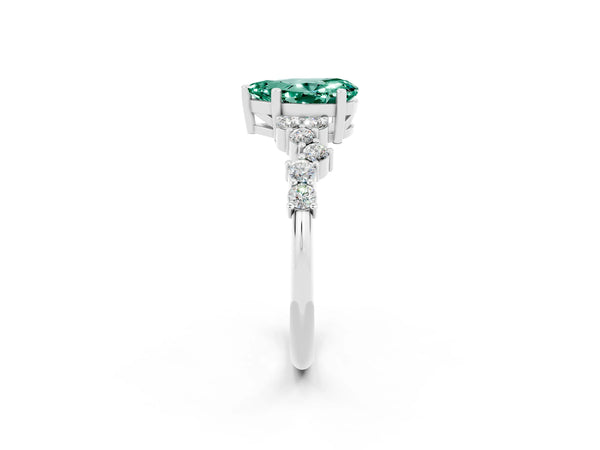 Platinum Pear Cut Green Sapphire Scattered Round Accent Ring with Prong Setting