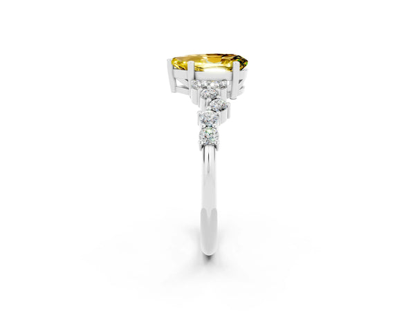 White gold Pear Cut Yellow Sapphire Scattered Round Accent Ring with Prong Setting