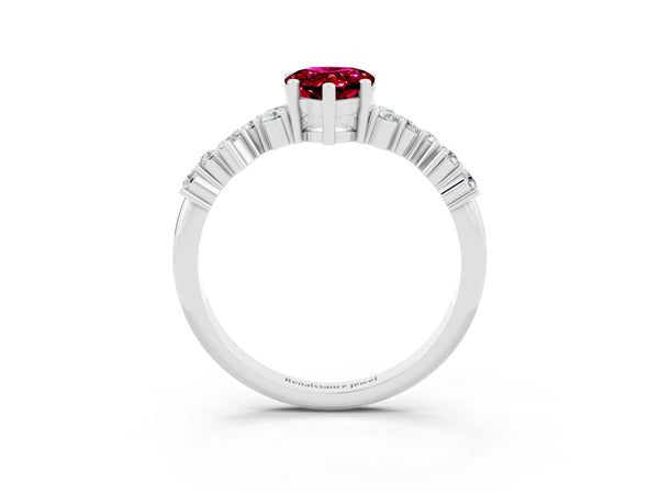 Platinum Pear Cut Garnet Scattered Round Accent Ring with Prong Setting