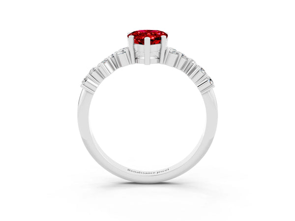 Silver Pear Cut Ruby Scattered Round Accent Ring with Prong Setting