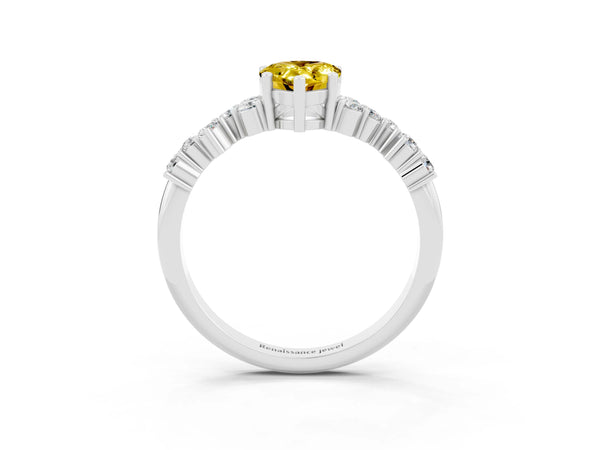 Silver Pear Cut Yellow Sapphire Scattered Round Accent Ring with Prong Setting