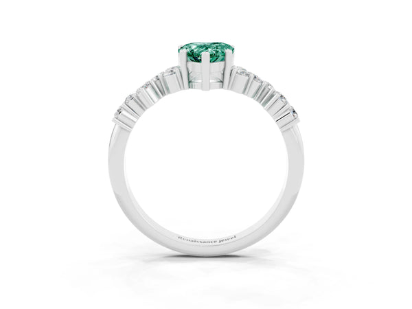 Silver Pear Cut Green Sapphire Scattered Round Accent Ring with Prong Setting
