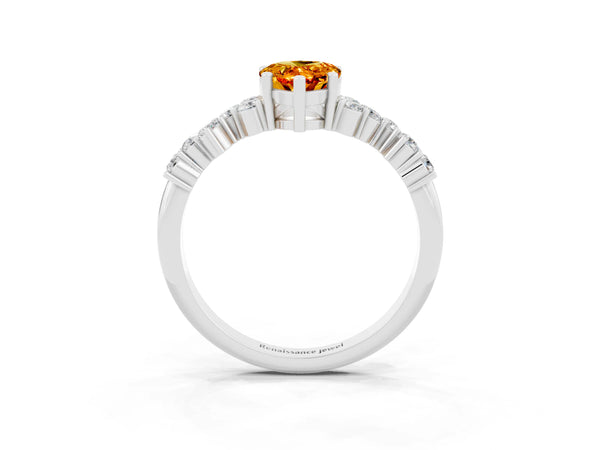 Platinum Pear Cut Citrine Scattered Round Accent Ring with Prong Setting