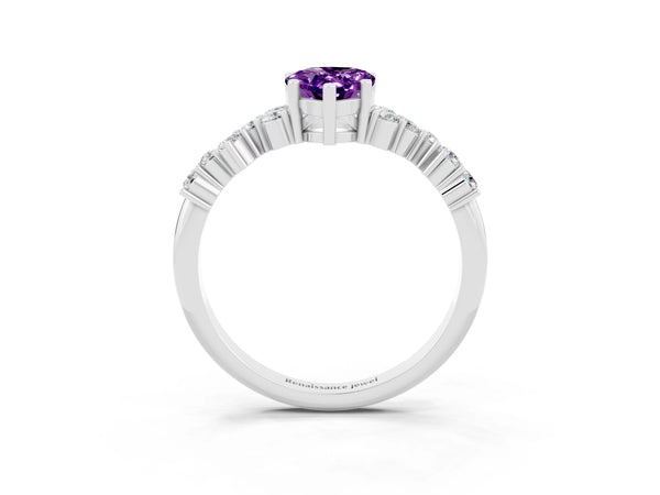 Silver Pear Cut Amethyst Scattered Round Accent Ring with Prong Setting