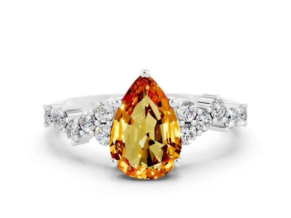 Platinum Pear Cut Citrine Scattered Round Accent Ring with Prong Setting