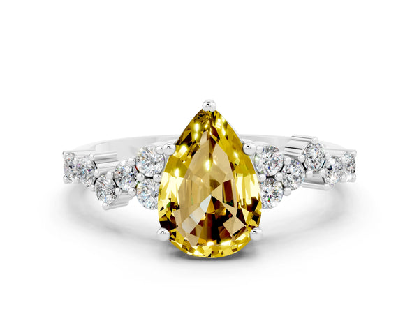 White gold Pear Cut Yellow Sapphire Scattered Round Accent Ring with Prong Setting
