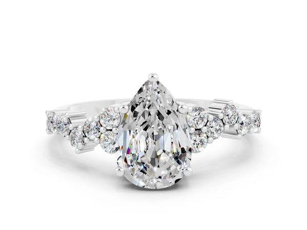 Silver Pear Cut Moissanite Scattered Round Accent Ring with Prong Setting