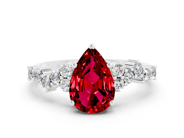 Platinum Pear Cut Ruby Scattered Round Accent Ring with Prong Setting