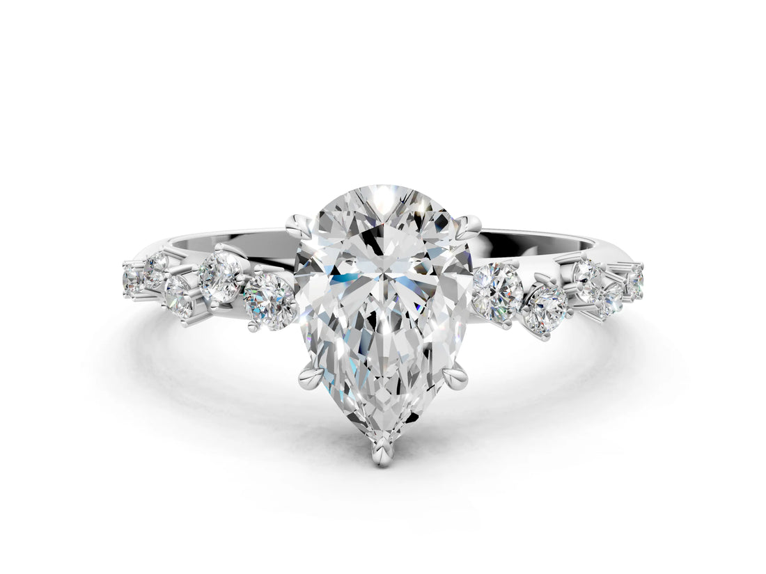 White gold Pear Cut Diamond Cluster Side Stone Solitaire Ring with Prong Setting_81