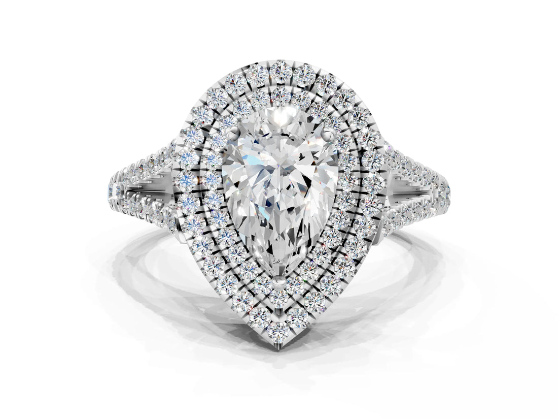 White gold Pear Cut Diamond Double Halo Ring with Pavé Band and Prong Setting_206