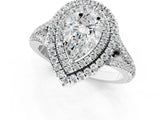 White gold Pear Cut Diamond Double Halo Ring with Pavé Band and Prong Setting_207