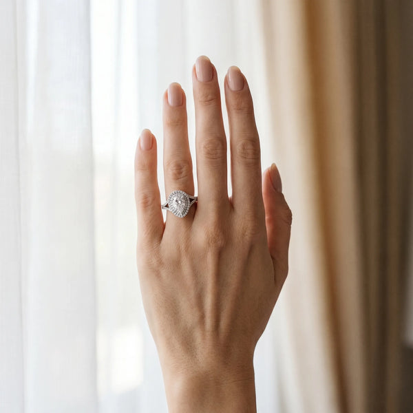 White gold Pear Cut Diamond Double Halo Ring with Split Shank and Prong Setting