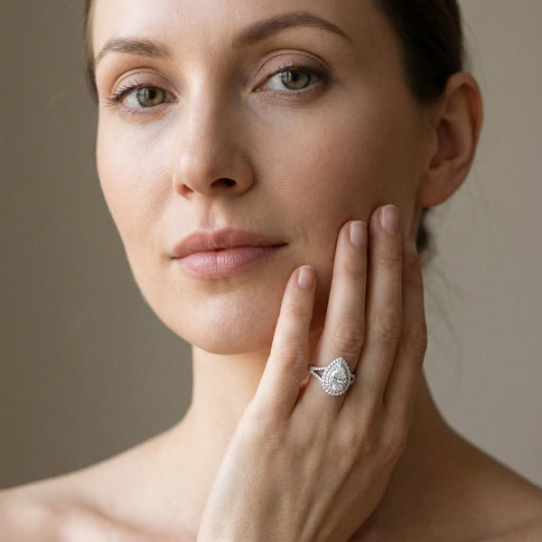 White gold Pear Cut Diamond Double Halo Ring with Split Shank and Prong Setting