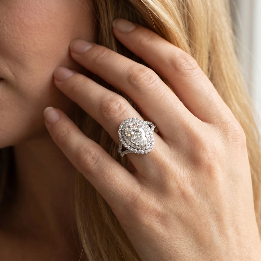 White gold Pear Cut Diamond Double Halo Ring with Split Shank and Prong Setting