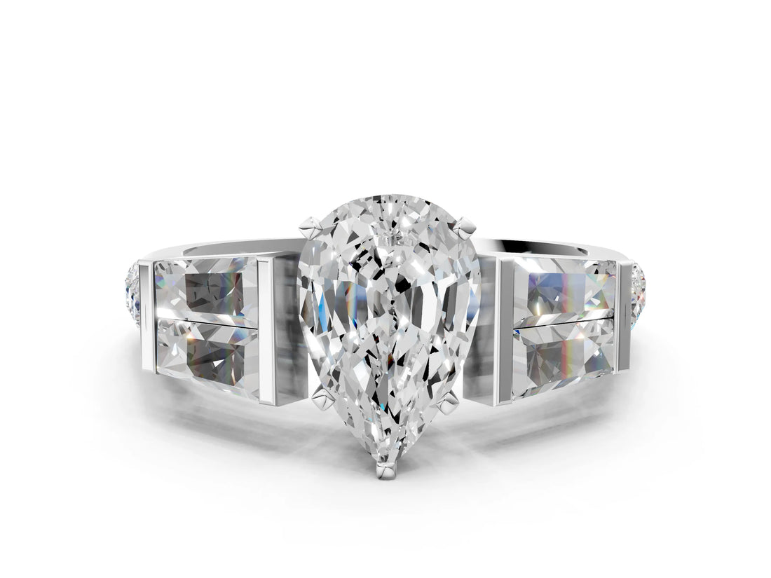 White gold Pear Cut Diamond Engagement Ring with Baguette Side Stones and Channel Set Band_40