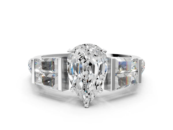 White Gold Pear-Shaped Engagement Ring Setting with Channel Set Baguettes and Accented Band