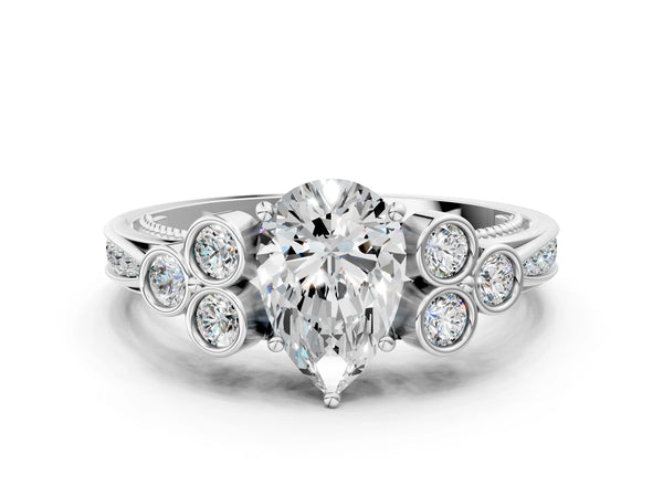 Platinum Pear-Shaped Vintage Engagement Ring Setting with Bezel-Set Shoulder Clusters and Milgrain