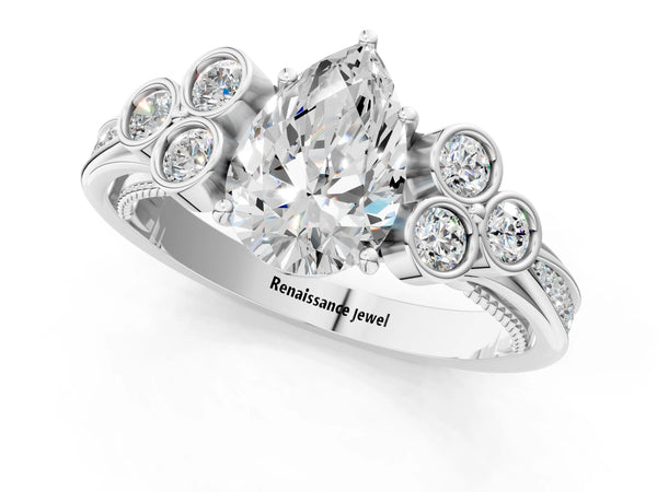 Platinum Pear-Shaped Vintage Engagement Ring Setting with Bezel-Set Shoulder Clusters and Milgrain