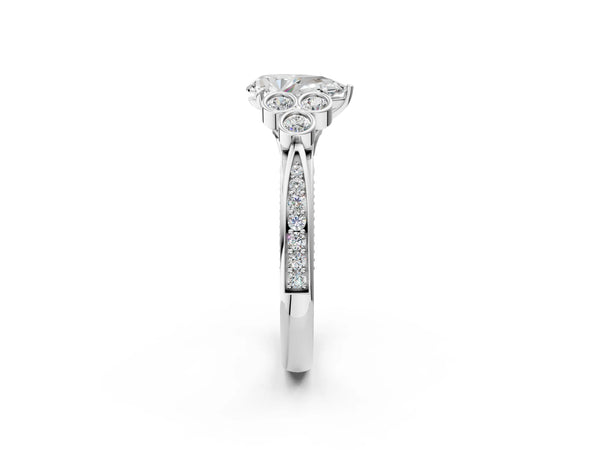 Platinum Pear-Shaped Vintage Engagement Ring Setting with Bezel-Set Shoulder Clusters and Milgrain