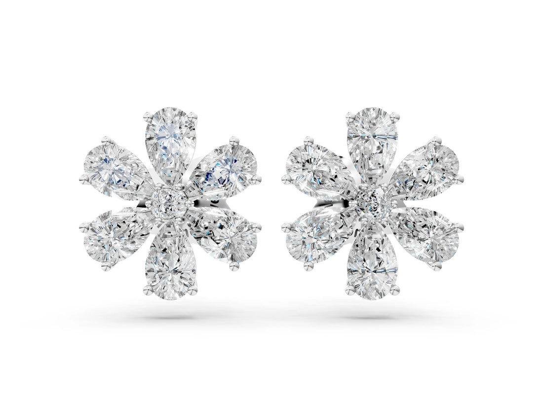 White gold Pear Cut Diamond Floral Cluster Stud Earrings_14