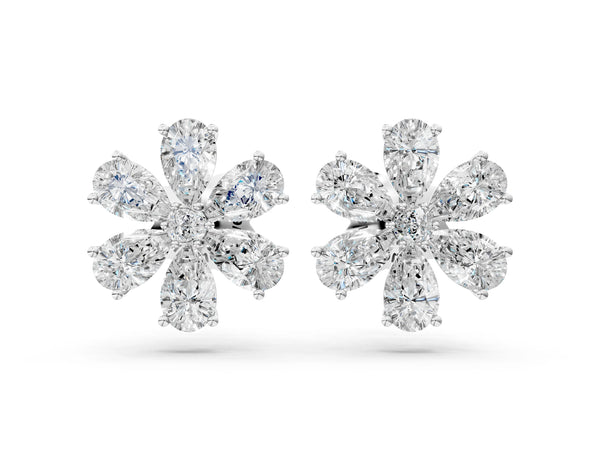 Platinum Pear Cut Diamond Floral Cluster Stud Earrings