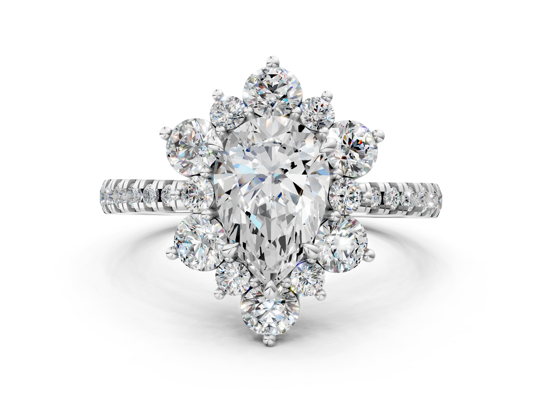White gold Pear Cut Diamond Floral Halo Pave Band with Prong Setting_37