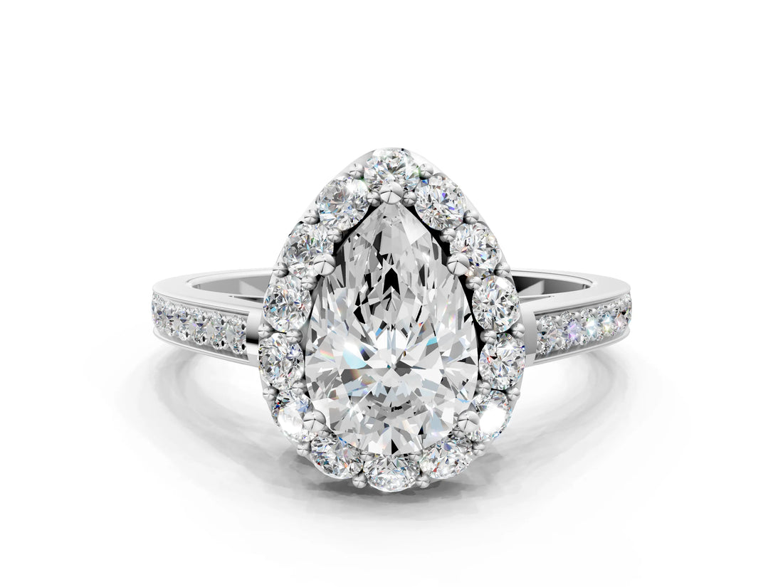 White gold Pear Cut Diamond Floral Halo Ring with Pavé Band and Prong Setting_10