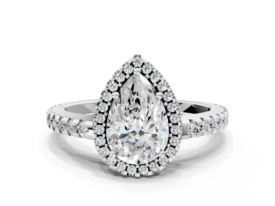 White gold Pear Cut Diamond Halo Engagement Ring with Pavé Band and Prong Setting
