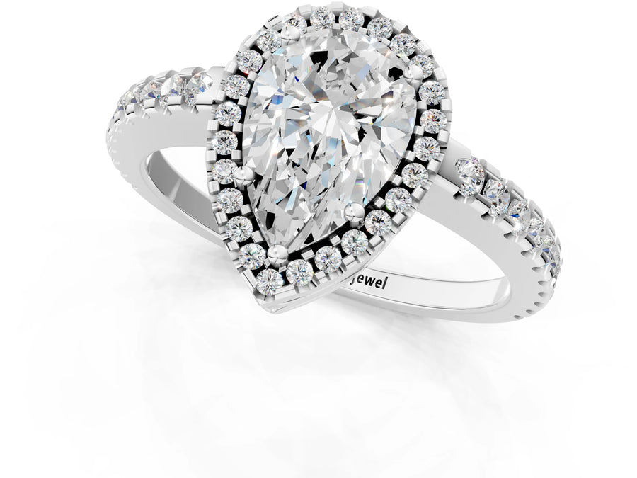 White gold Pear Cut Diamond Halo Engagement Ring with Pavé Band and Prong Setting