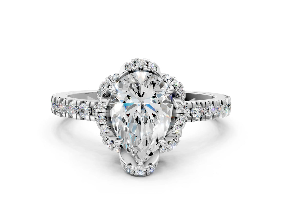 White gold Pear Cut Diamond Halo Pave Band with Four-Prong Setting_3