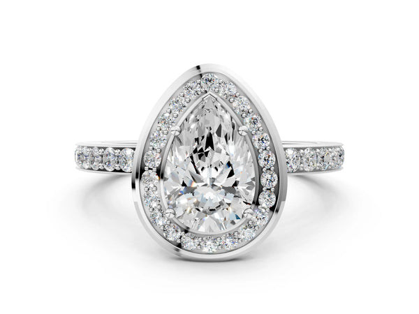 White gold Round Diamond Halo Ring with Bezel Frame and Pavé Band