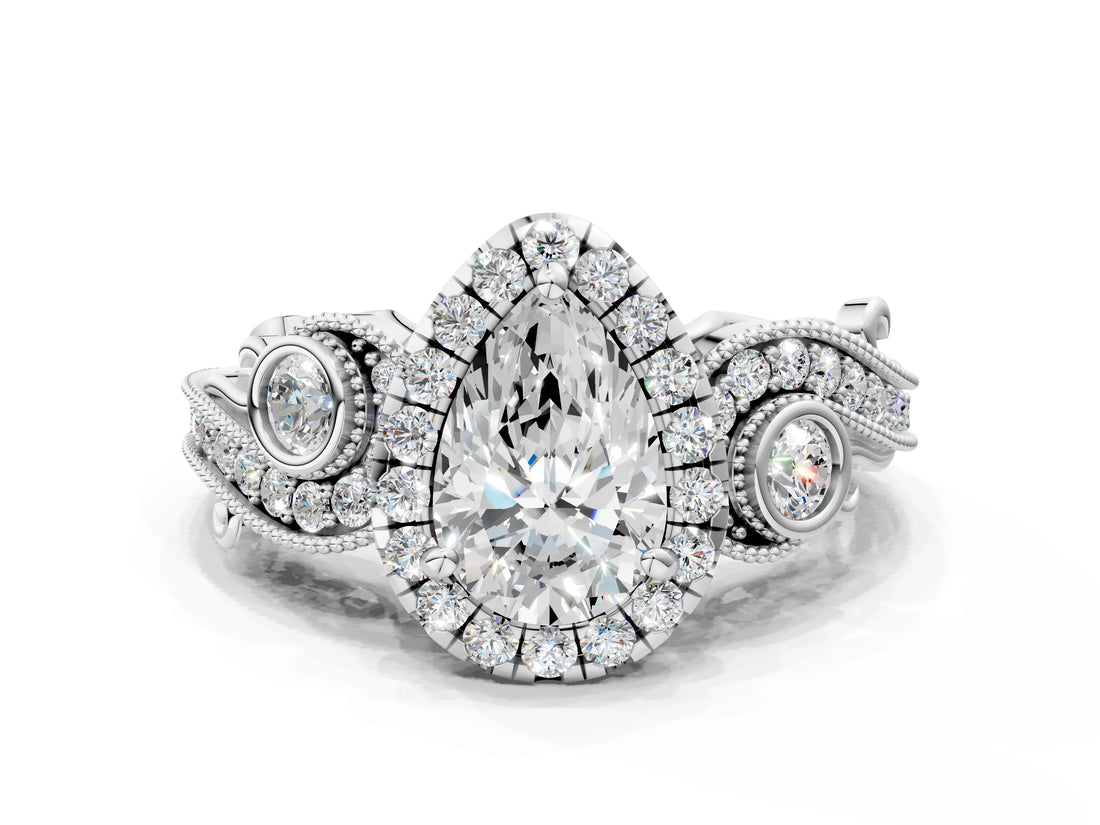 White gold Pear Cut Diamond Halo Ring with Milgrain Pavé Band and Four-Prong Setting_61