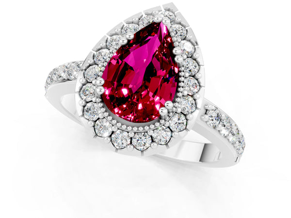 Platinum Pear Cut Garnet Halo Ring with Pavé Band and Prong Setting