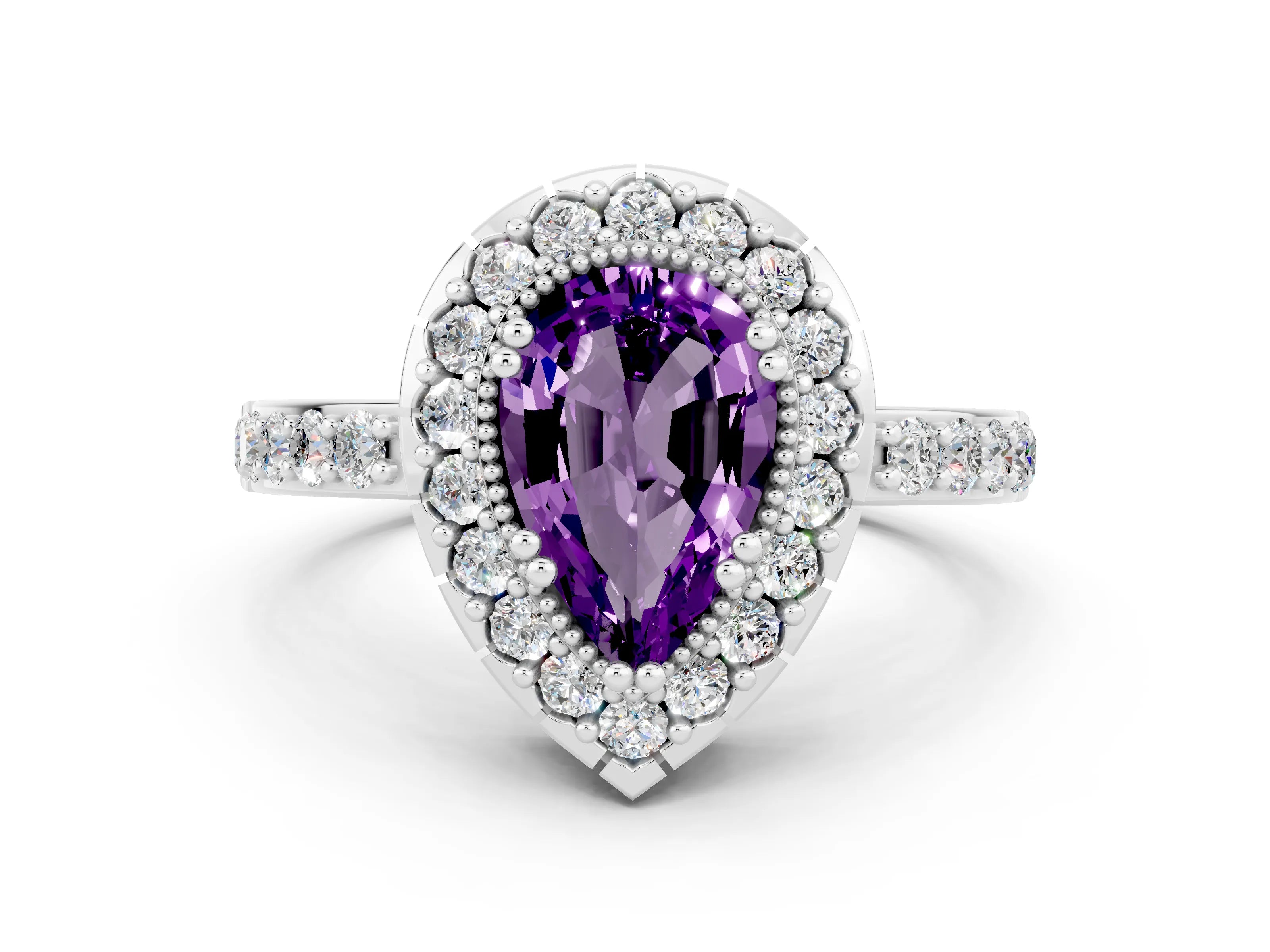 White gold Pear Cut Diamond Halo Ring with Pavé Band and Prong Setting