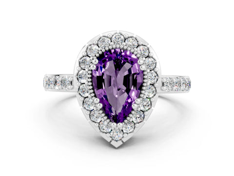 White gold Pear Cut Diamond Halo Ring with Pavé Band and Prong Setting