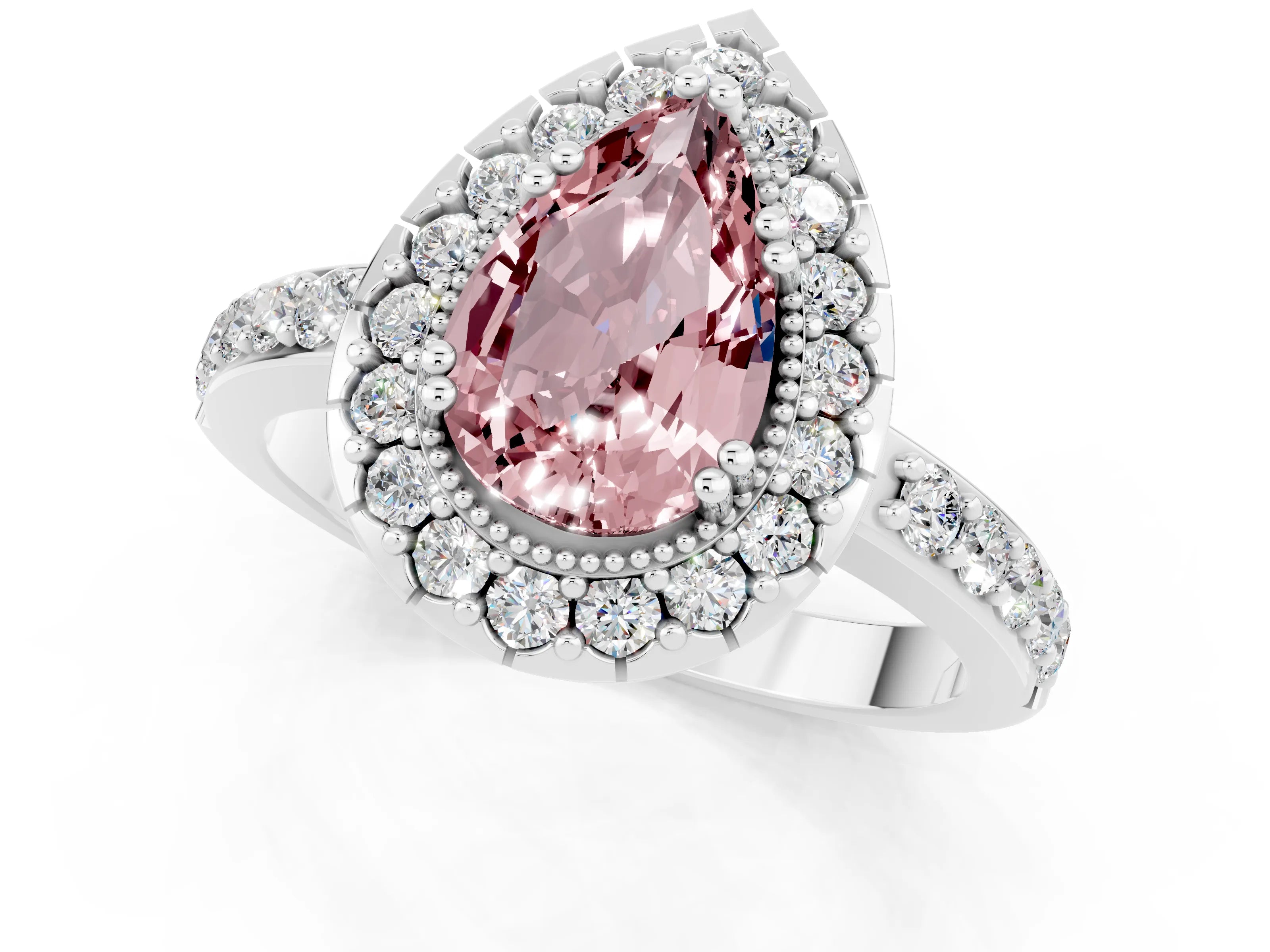White gold Pear Cut Diamond Halo Ring with Pavé Band and Prong Setting_1