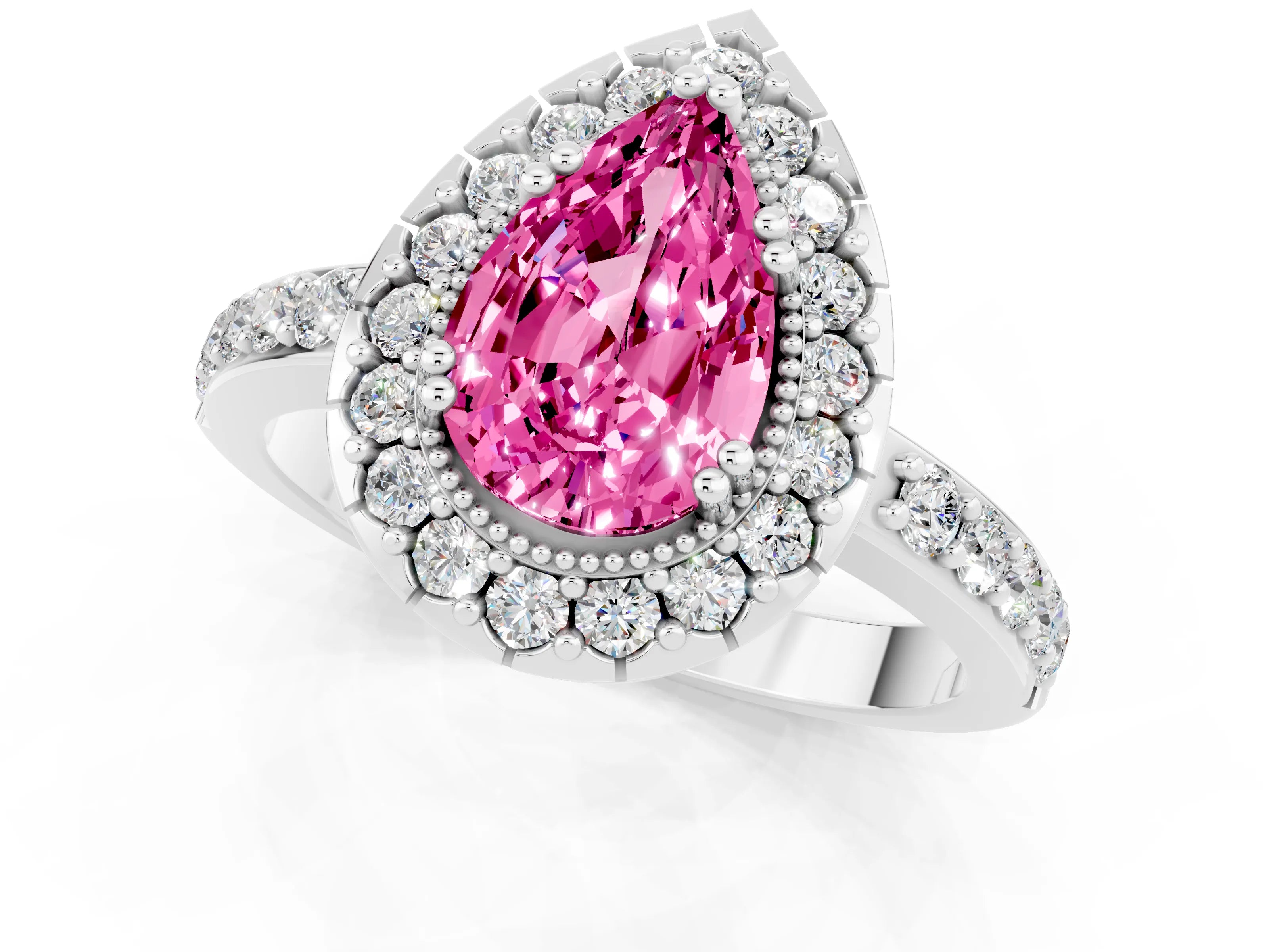 White gold Pear Cut Diamond Halo Ring with Pavé Band and Prong Setting_1