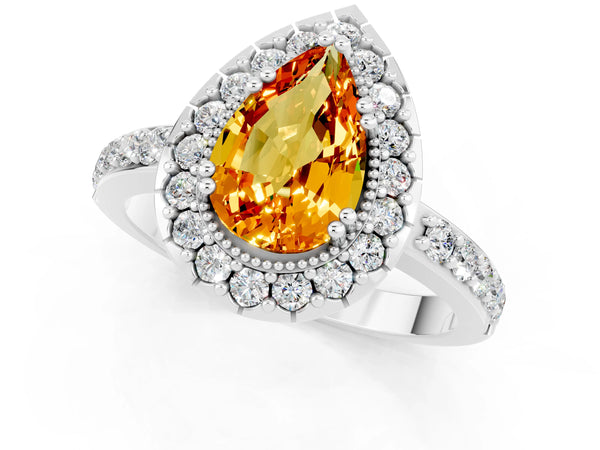 Silver Pear Cut Citrine Halo Ring with Pavé Band and Prong Setting