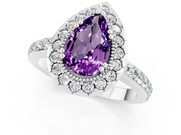 Platinum Pear Cut Amethyst Halo Ring with Pavé Band and Prong Setting