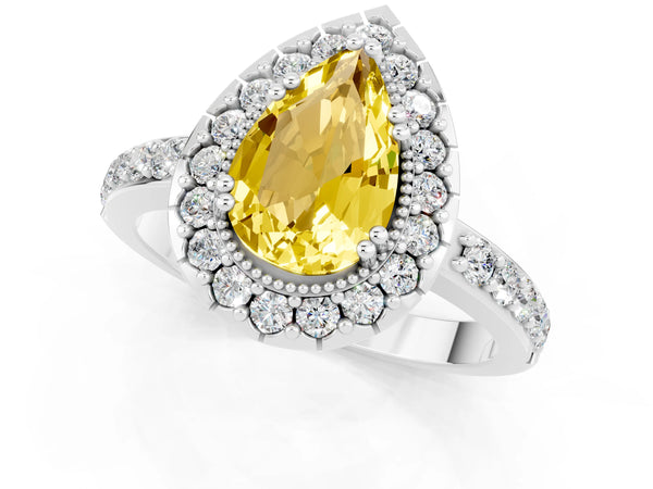 Silver Pear Cut Yellow Sapphire Halo Ring with Pavé Band and Prong Setting
