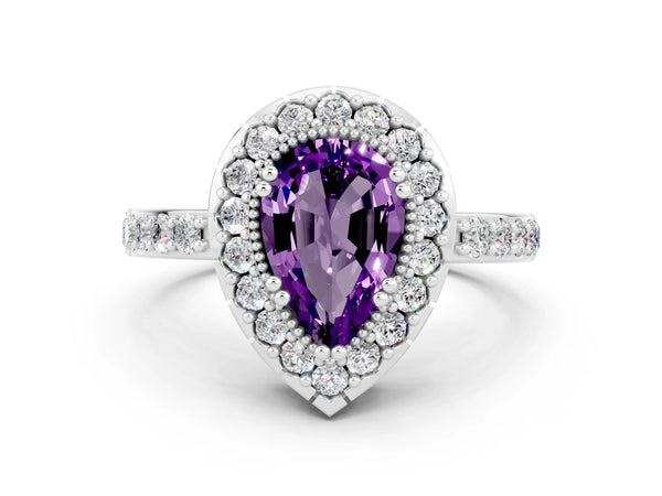 Platinum Pear Cut Amethyst Halo Ring with Pavé Band and Prong Setting