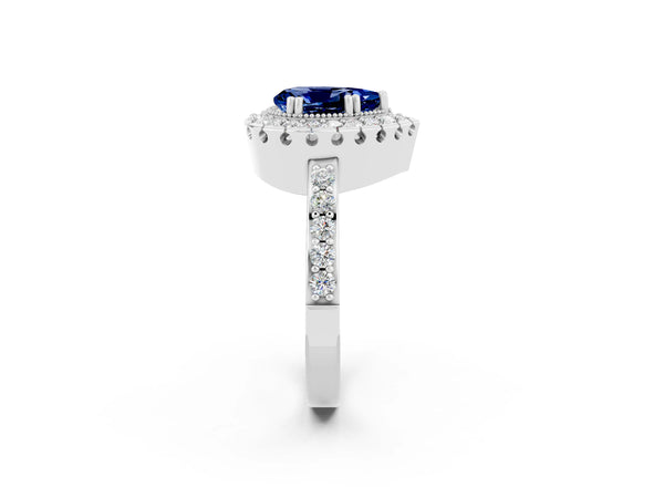 Silver Pear Cut Blue Sapphire Halo Ring with Pavé Band and Prong Setting