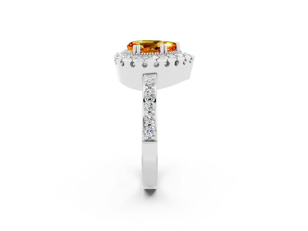 White gold Pear Cut Citrine Halo Ring with Pavé Band and Prong Setting